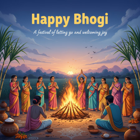 A group of men and women dressed in traditional Indian attire are gathered around a large bonfire during the Bhogi festival. The sunset casts a warm glow over the scene, with dramatic clouds in the sky. Some individuals have their hands folded in prayer, while others observe the flames. Sugarcane stalks and decorative pottery are visible around the perimeter, enhancing the festive and spiritual ambiance of this cultural celebration.の素材