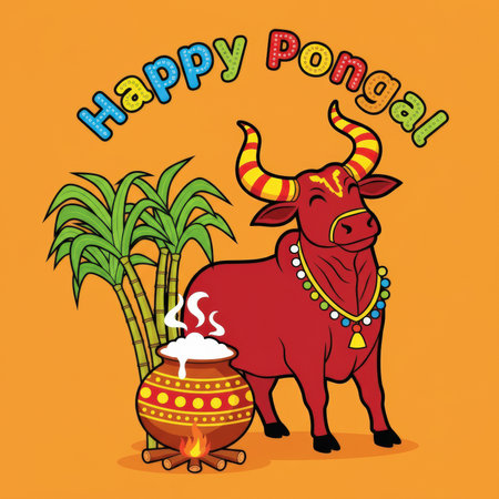 A cheerful illustration for Happy Pongal features a bright red bull adorned with a colorful garland and bells. The bull has decorated horns. Beside it, a pot of steaming food is being cooked over a small bonfire, and stalks of sugarcane stand tall. The background is a solid bright orange. The text "Happy Pongal" is displayed in colorful, playful lettering at the top.の素材