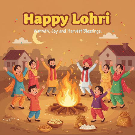 A lively illustration of the Happy Lohri festival, a popular Punjabi harvest celebration. A group of men, women, and children are gathered around a large, crackling bonfire, with their arms raised in celebration and dancing. They are dressed in colorful traditional Indian attire, including kurtas, salwar kameez, and turbans. In the background, simple village houses are visible under a night sky with a crescent moon and stars. Bowls of popcorn, peanuts, and other festive snacks are placed on...の素材