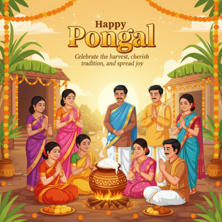 A vibrant scene depicts a community celebrating the Pongal harvest festival. Several people dressed in traditional Indian attire are gathered around a bonfire where a pot of rice is cooking. Sugarcane stalks and marigold garlands decorate the scene, with houses and palm trees in the background. The atmosphere is joyful and communal, reflecting gratitude for the harvest.の素材