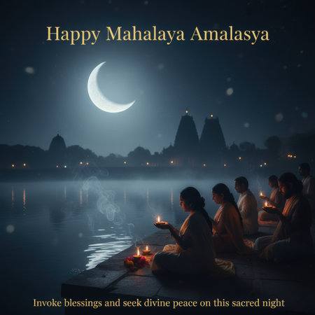 A tranquil night scene unfolds by a calm lake under a luminous crescent moon. Silhouettes of traditional temple spires are visible in the distant background, shrouded in a gentle mist. A group of people are seated on a stone embankment, facing the water, each holding a lit diya or candle, offering light. Wisps of smoke or mist rise from the water's surface, adding to the ethereal atmosphere. The image captures the solemnity and spiritual essence of Mahalaya Amavasya, a night for invoking...の素材