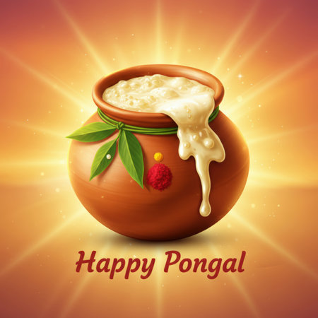A close-up illustration of a traditional clay pot brimming with sweet Pongal, a popular dish prepared for the harvest festival. The creamy, frothy mixture overflows the pot, which is decorated with green leaves and a red dot. The image is set against a warm, glowing background with radiating light rays, symbolizing the bounty and celebration of the Pongal festival.の素材