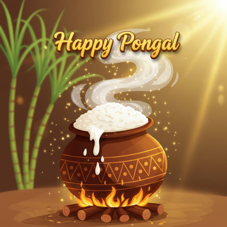 A festive illustration depicts the traditional Pongal celebration. A rustic clay pot, adorned with decorative patterns, is filled with white rice that is actively bubbling and steaming, indicating it is cooking. The pot rests over a vibrant wood fire, with logs burning brightly. In the background, tall stalks of green sugarcane stand, symbolizing the harvest. Golden light streams in from the side, casting a warm glow and illuminating scattered sparks. The image evokes a sense of warmth,...の素材