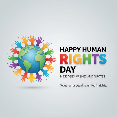 A vibrant graphic representing Human Rights Day. A colorful globe is at the center, surrounded by a diverse array of hands in various skin tones and colors reaching outwards. The text "HAPPY HUMAN RIGHTS DAY" is displayed in bold, multi-colored letters, with additional text below.の素材