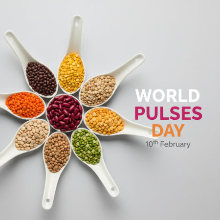 A collection of various dried legumes including red beans, yellow lentils, green peas, brown lentils, and orange lentils are displayed in white ceramic spoons arranged in a circular pattern. A central bowl holds red kidney beans. Text on the right side reads "WORLD PULSES DAY 10th February". The background is a plain light gray.の素材