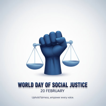 A stylized blue fist is clenched and raised, holding a set of scales of justice. The scales are also blue and appear balanced. Text below reads "WORLD DAY OF SOCIAL JUSTICE 20 FEBRUARY" and "Uphold fairness, empower every voice." The background is a clean, light gradient.の素材