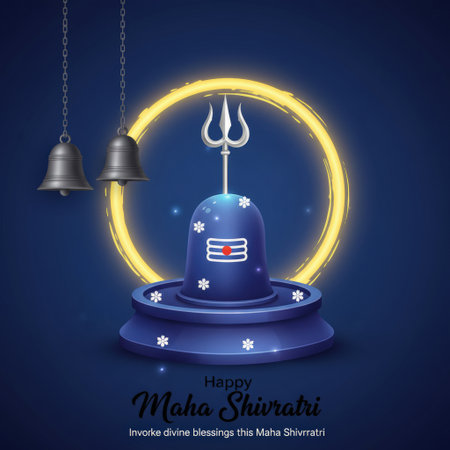 A blue Shiva Lingam adorned with white floral patterns and a trident stands centrally against a dark blue background. A glowing yellow circular halo surrounds the Lingam. Two metallic silver bells hang from chains on the left side. The composition is symmetrical and features small white star-like elements scattered across the background.の素材