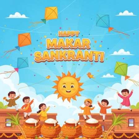 A vibrant illustration depicts children joyfully flying kites against a bright blue sky dotted with clouds and confetti. A smiling sun shines prominently. Below, children in colorful traditional attire stand on a brick wall, celebrating Makar Sankranti. Several decorative pots filled with white rice are arranged in the foreground, with palm trees and festive garlands adding to the celebratory atmosphere.の素材