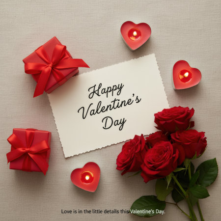 A flat lay composition features a white card with "Happy Valentine's Day" written in elegant script. Surrounding the card are two red gift boxes tied with satin bows, a small bouquet of red roses with green leaves, and three heart-shaped red candles, each with a lit flame. The arrangement is set against a textured neutral gray background.の素材