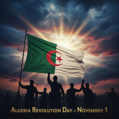 Silhouetted figures of a crowd stand with arms raised against a dramatic sky filled with a bright sunburst and colorful clouds. The Algerian flag, green and white with a red star and crescent, waves prominently in the foreground. The scene evokes a sense of national pride and celebration.の素材