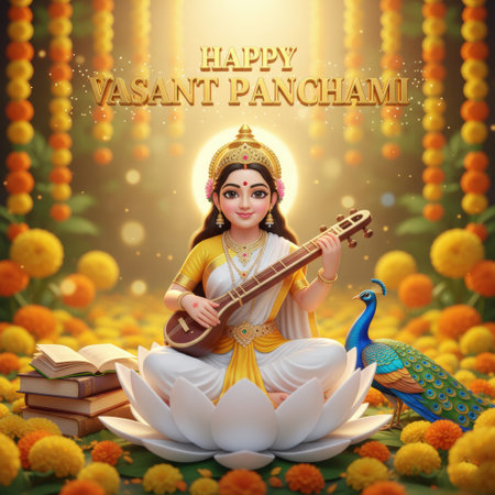 Goddess showing goddess saraswati playing veena surrounded by flowers and peacock musical instrument. High resolution image suitable for commercial use. Clear details and vibrant colors enhance visual appeal.の素材