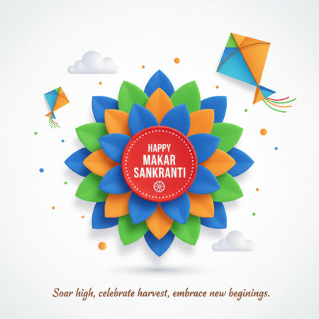 A vibrant graphic features a central red circle with "HAPPY MAKAR SANKRANTI" text. Surrounding the circle is a layered, geometric flower design in blue, orange, and green petals. Two colorful kites, one blue and orange, the other green and orange, fly in the white background. Small white clouds and scattered colored dots add to the festive atmosphere.の素材