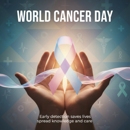 Cupped hands gently hold a pastel-colored ribbon, transitioning from pink to blue to purple, illuminated by a soft light. The background features a gradient of teal and blue with subtle geometric patterns and faint medical symbols like caduceus, crosses, and electrocardiogram lines. Text at the bottom reads "Early detection saves lives spread knowledge and care."の素材