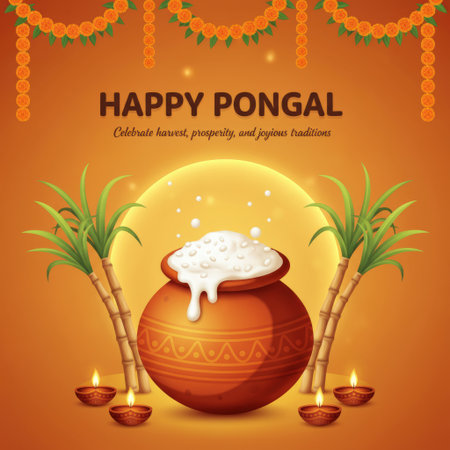 An illustration for the Pongal festival features a clay pot overflowing with rice and milk, symbolizing prosperity. Two stalks of sugarcane stand to the left of the pot, with decorative orange marigold garlands and green leaves adorning the top and sides. Four small clay diya lamps with flickering flames are placed at the bottom corners, casting a warm glow on the orange and yellow gradient background.の素材