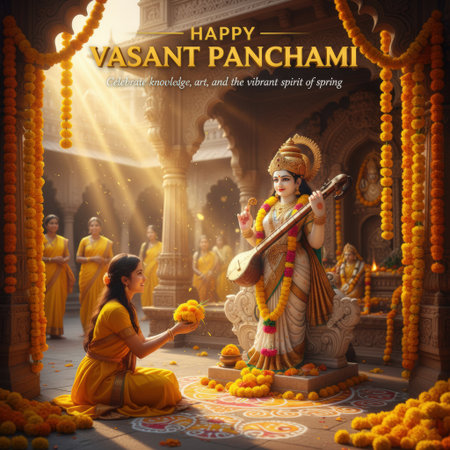 A woman in a yellow sari kneels, offering marigold flowers to a statue of Saraswati playing a veena. The scene is adorned with abundant yellow marigold garlands and flowers, with intricate rangoli patterns on the ground. Sunlight streams through architectural arches, illuminating dust motes and creating a spiritual atmosphere. Other women in yellow saris are visible in the background.の素材