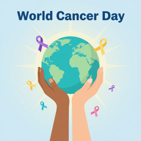 Two cupped hands, one dark-skinned and one light-skinned, support a stylized globe of Earth. Around the globe and hands, colorful awareness ribbons in pink, purple, yellow, and teal float. A bright white sunburst emanates from behind the Earth against a pale blue sky. The text "World Cancer Day" is prominently displayed in dark blue at the top.の素材