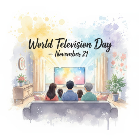 A watercolor illustration depicts a family of four seated on a couch, facing a television screen displaying colorful abstract shapes. The scene is set in a living room with a window, curtains, a plant, and a side table with a vase of flowers. The text "World Television Day - November 21" is prominently displayed above the scene.の素材