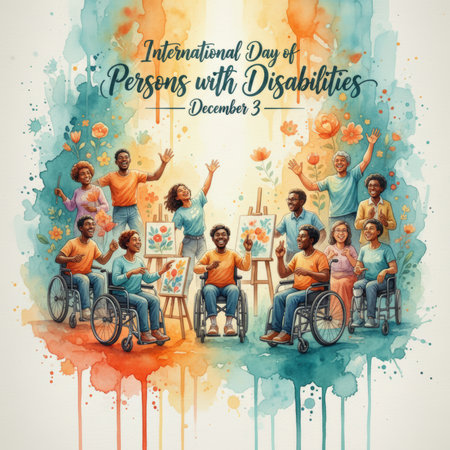 A watercolor illustration depicts a diverse group of people, some in wheelchairs, engaged in art activities. The background features a vibrant watercolor wash in shades of orange, yellow, blue, and green, with floral elements. Text at the top reads "International Day of Persons with Disabilities December 3". The overall mood is joyful and celebratory, emphasizing inclusion and community.の素材
