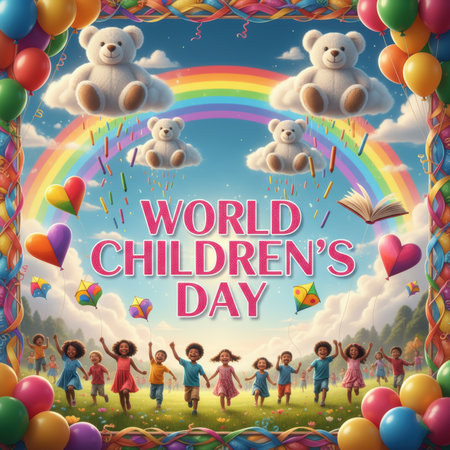 A vibrant and whimsical scene depicts a group of diverse children joyfully running across a green grassy field under a bright blue sky. A prominent rainbow arches across the sky, with fluffy white clouds and colorful balloons framing the top. Several teddy bears are seated on clouds, and heart-shaped balloons float near an open book. Colorful kites and confetti add to the festive atmosphere.の素材