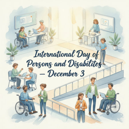 Watercolor illustration depicting an inclusive office environment with diverse individuals interacting and working. People of varying abilities, including those using wheelchairs, are shown collaborating at desks with laptops. The scene is bright and airy with potted plants and framed artwork on the walls. Text overlays "International Day of Persons and Disabilities - December 3".の素材