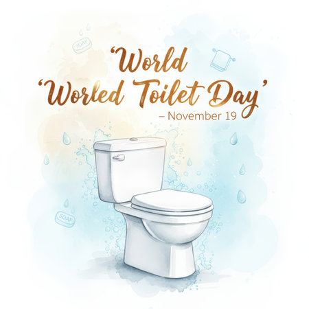 A white ceramic toilet is depicted with watercolor splashes of blue and yellow in the background. Water droplets and bubbles surround the toilet, along with a bar of soap labeled 'SOAP' and a rolled towel icon. The text 'World Toilet Day' and 'November 19' are displayed in a golden, script font.の素材