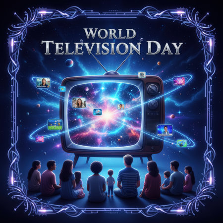 A group of people, including children and adults, sit on the floor facing a vintage television. The television screen displays a vibrant, swirling galaxy with bright lights and nebulae. Orbiting the television are smaller screens showing various content, including people and scenes. The background is a dark blue space scene filled with stars and planets. Intricate blue glowing borders frame the entire image.の素材