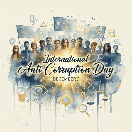 A watercolor illustration depicts a diverse group of people standing behind flags with symbols of justice. The text "International Anti-Corruption Day December 9" is prominently displayed in a script font. Abstract watercolor splashes in blue and gold surround the figures and symbols, including scales of justice, an eye, a magnifying glass, and a dollar sign.の素材
