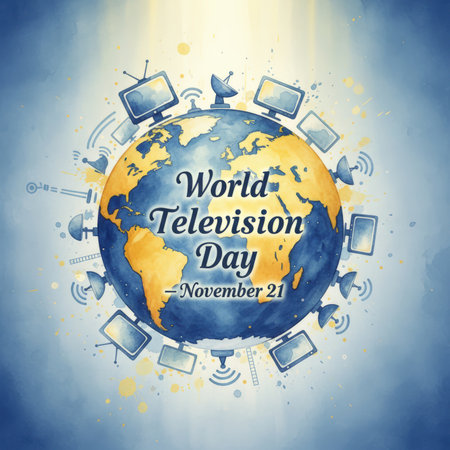 A watercolor illustration depicts a globe with continents in yellow and blue. Around the globe, various vintage televisions and satellite dishes are arranged, some emitting signal waves. The text "World Television Day November 21" is prominently displayed on the globe. The background is a soft gradient of blue and yellow with watercolor splatters.の素材