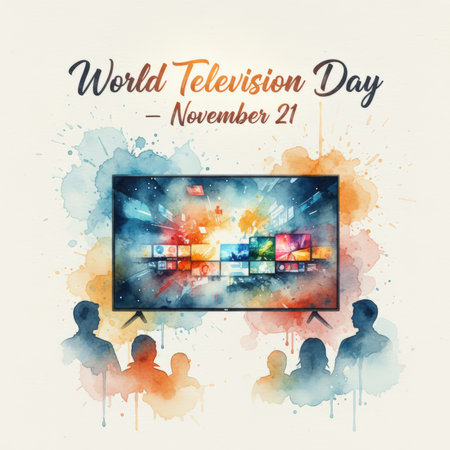 A watercolor illustration depicts World Television Day on November 21. Silhouettes of people are gathered, watching a large, vibrant television screen. The screen displays a collage of colorful images and abstract shapes, with energetic splashes of blue, orange, and red watercolor paint surrounding the central elements.の素材
