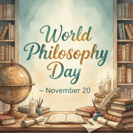 A watercolor-style illustration depicts a wooden desk laden with books, scrolls, a globe, and lit candles. Bookshelves filled with books line the background. Text reads "World Philosophy Day - November 20". The overall mood is warm and intellectual.の素材