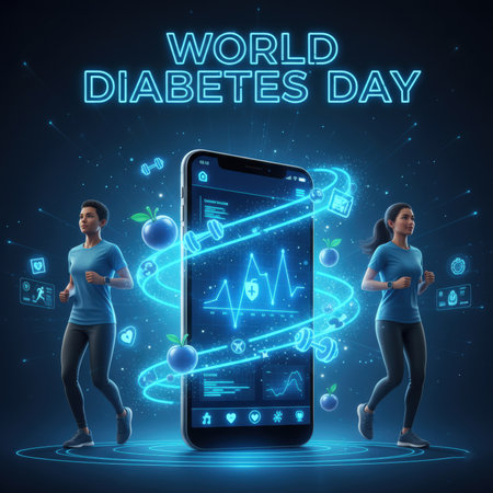 A digital illustration for World Diabetes Day features two women running on either side of a smartphone. The phone displays health data graphs and icons. Blue neon light emanates from the phone, creating a futuristic and technological atmosphere. Surrounding the phone are glowing icons representing fitness, health, and data tracking.の素材
