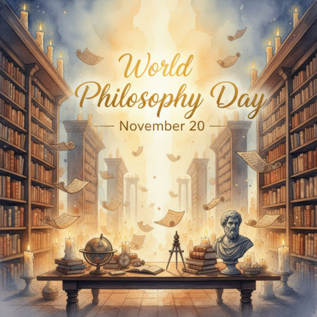 An atmospheric watercolor illustration depicts a scene of intellectual pursuit. Towering bookshelves filled with books flank the composition, with scrolls of paper floating in the air. A table in the foreground holds a globe, books, a compass, a clock, and a bust of a classical figure, all illuminated by the warm glow of candles. The background features a soft, golden light and architectural elements suggesting a grand library or academy.の素材