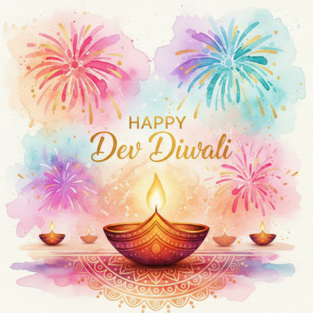 A watercolor illustration depicts a festive Dev Diwali celebration. A large, ornate diya with a glowing flame sits prominently in the foreground, surrounded by smaller diyas. Colorful watercolor fireworks explode in the background in shades of pink, orange, blue, and purple, with gold glitter accents. The text "HAPPY Dev Diwali" is written in elegant gold lettering.の素材