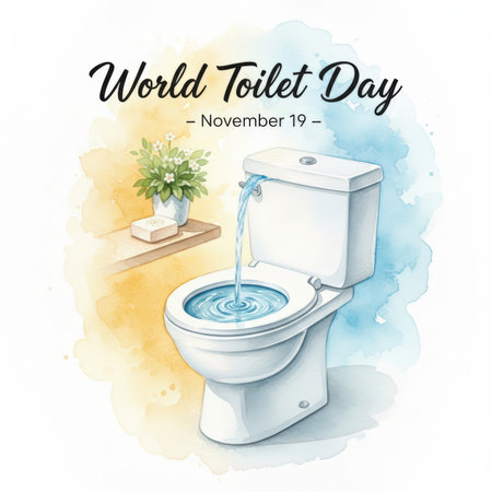 A watercolor illustration depicts a white toilet with water flushing into the bowl. To the left, a small potted plant with white flowers sits on a wooden shelf next to a bar of soap. The background features soft watercolor washes of yellow and blue. Text reads "World Toilet Day - November 19".の素材