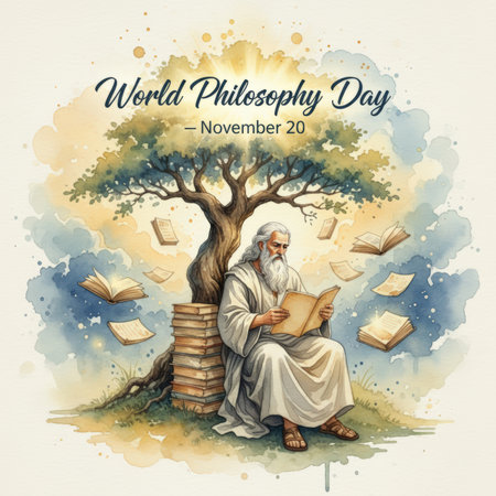 A watercolor illustration depicts an elderly man with a long white beard, wearing a white robe, sitting under a tree and reading an open book. A stack of books leans against the tree trunk. Several other books are shown floating in the air around the man and the tree. The background features soft watercolor washes of blue and yellow, with a bright light emanating from behind the tree.の素材