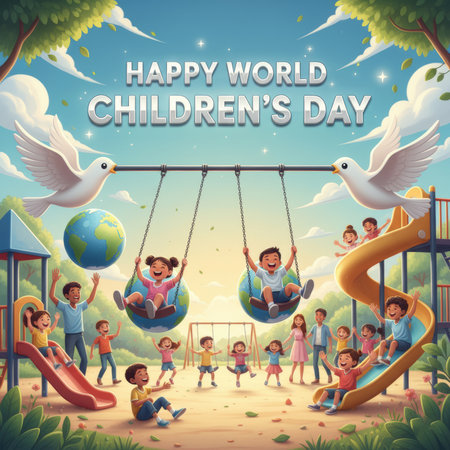 A vibrant cartoon illustration depicts a diverse group of children joyfully playing on a playground. Two children swing on swings designed like globes, with large white doves flying above. Other children are seen on slides and playing on the ground. The scene is set against a bright blue sky with fluffy clouds and green trees. The text "HAPPY WORLD CHILDREN'S DAY" is prominently displayed at the top.の素材
