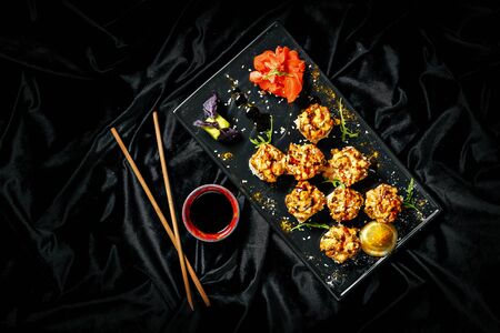 Japanese food. Sushi set on black backgroundの写真素材