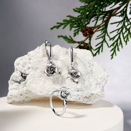 Elegant jewelry set, necklace and earrings with diamonds. Silver jewelery set with gemstones. Product still life conceptの写真素材