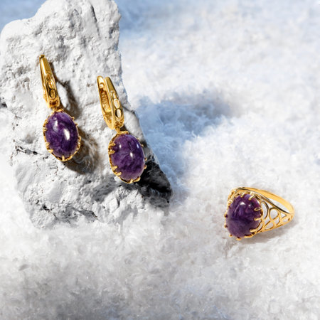 Elegant jewelry set. Jewellery set with gemstones. Jewelry accessories collage. Product still life concept. Ring, necklace and earrings.の写真素材