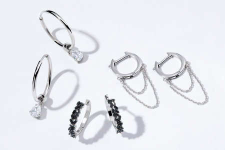 Elegant jewelry set. Jewelery set with gemstones. jewelry accessories collage. product still life concept. Ring, necklace and earrings.の写真素材