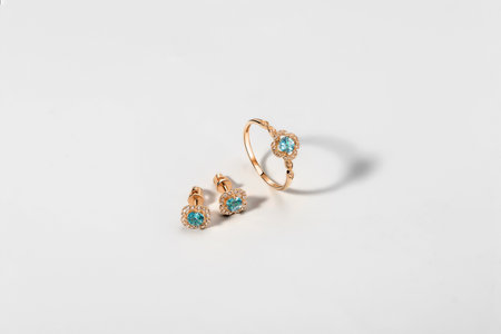 Elegant jewelry set. Jewelery set with gemstones. jewelry accessories collage. product still life concept. Ring, necklace and earrings.の写真素材