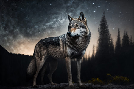 Wolf on the background of the starry sky.