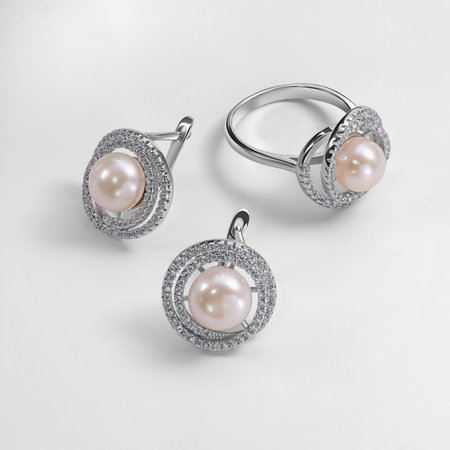 Elegant jewelry set. Jewelery set with gemstones. jewelry accessories collage. product still life concept. Ring, necklace and earrings.の写真素材