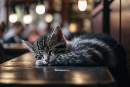 Cute kitty sleep on the house on the tableの素材