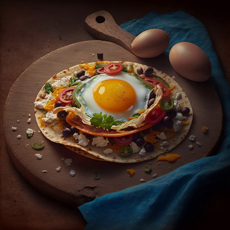Tortilla wraps with tender sliced roasted entrecote beef steak, red chili pepper and salad trimmings on a dark slate background with copy spaceの写真素材