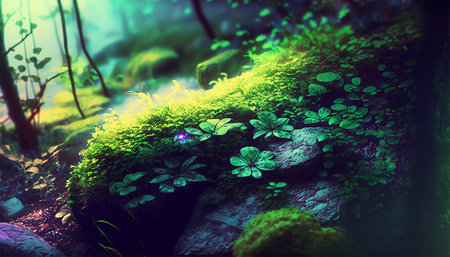 Blooming green forest. Close-up grass on the forest.の写真素材