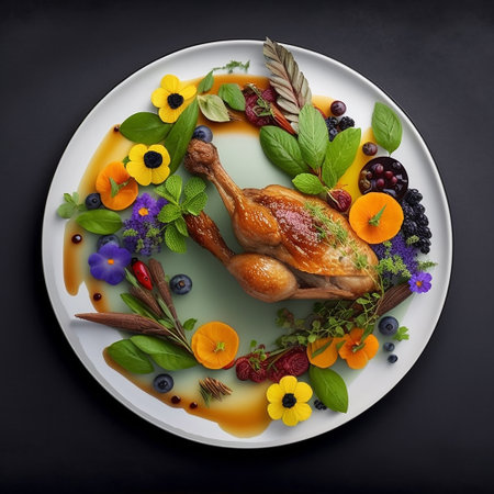 A cooked quail dish. pheasant with vegetables on a plate. View from aboveの写真素材
