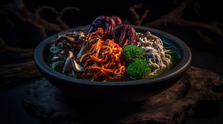 Asian street food. Octopus, noodles, mussels, lettuce. On a dark plate and a dark background. side view.の素材