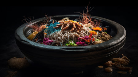 Asian street food. Meat, rice, chicken. On the plate. View from aboveの素材