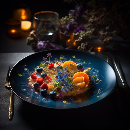 Organic fruit salad of orange, raspberry, blueberry. With flowers in a plate on a dark backgroundの素材